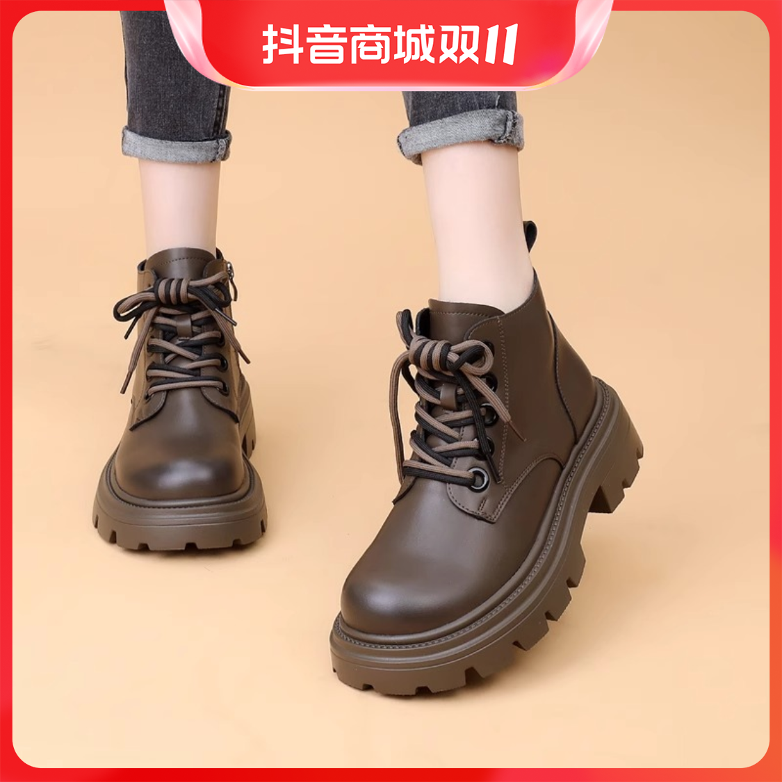 回力潮复古马丁靴女小个子洋气短靴2023秋季系带女款中筒增高加厚