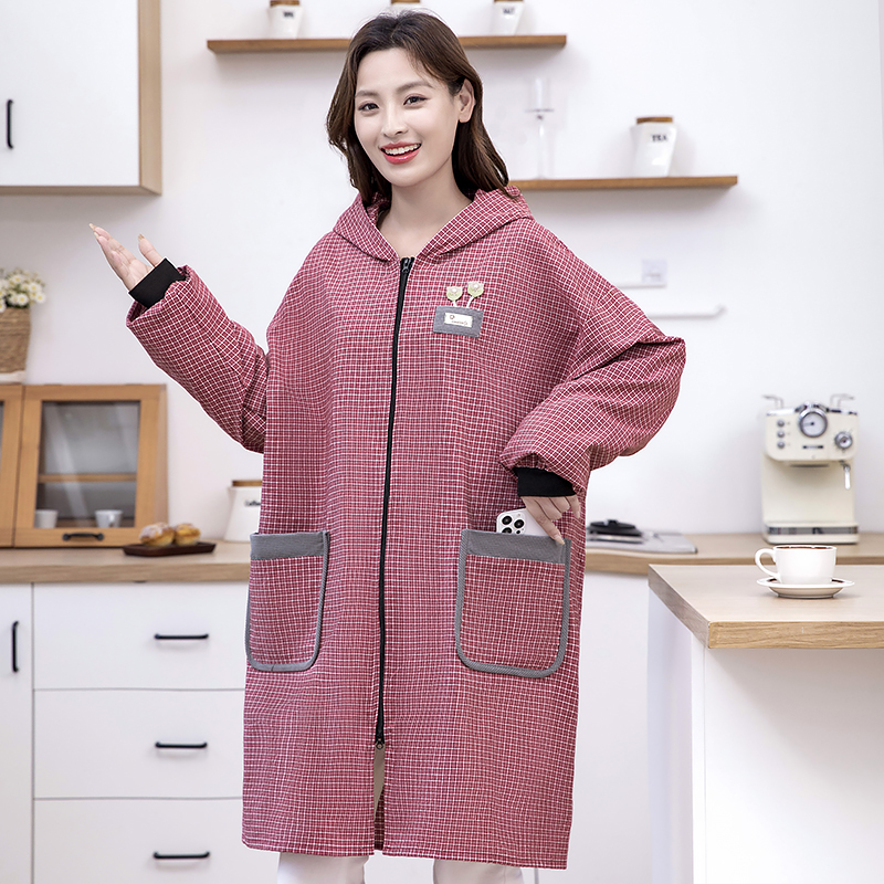 棉格连帽舒适透气耐磨厨房成人家女款用高颜值长袖罩衣成人女款