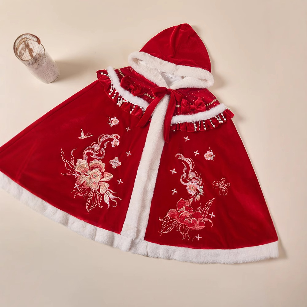 过年汉服斗篷女冬季加厚加绒中长款披风红色古装毛领连帽披肩外套