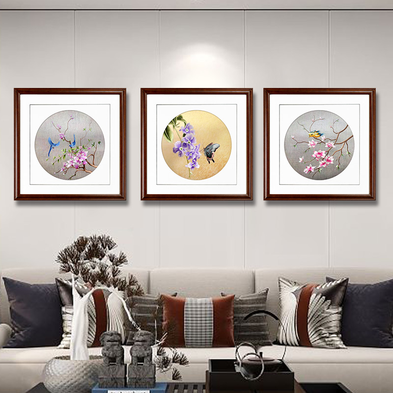 苏绣成品挂画纯手工苏州刺绣玄关客厅餐厅装饰画三联方框花鸟