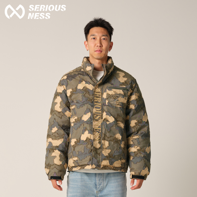 SERIOUSNESS曹岩破坏迷彩棉衣男2024秋冬新款长袖拉链棉服外套潮