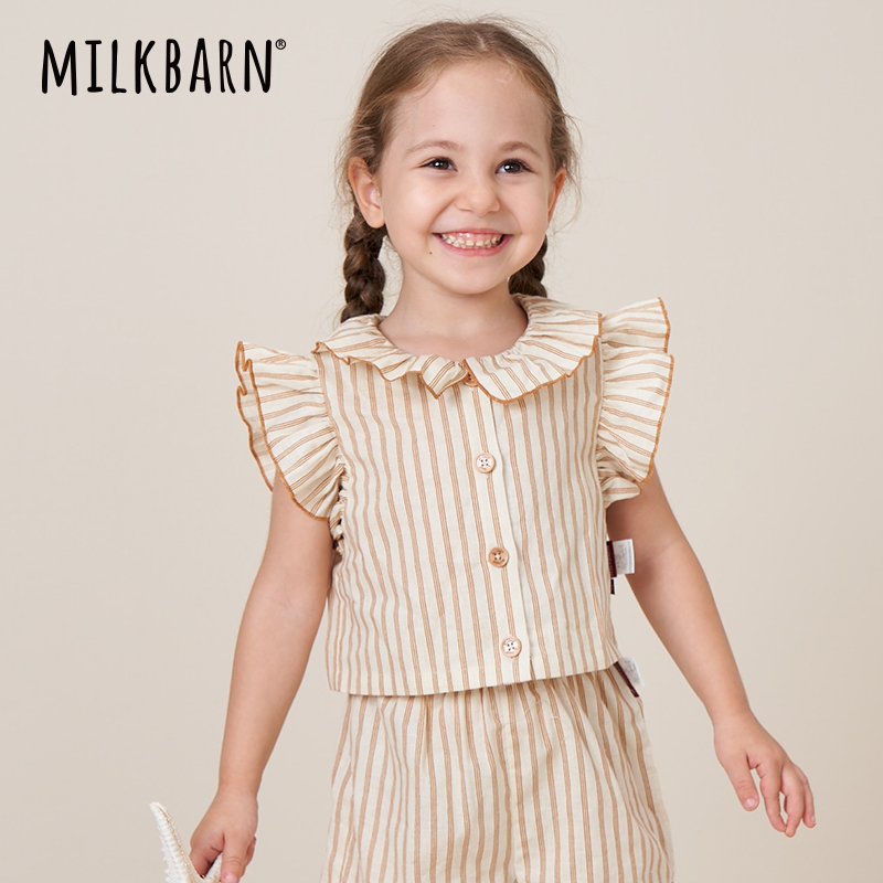 Milkbarn夏季女童短袖衬衫洋气时髦上衣宝宝新款衬衣条纹套装