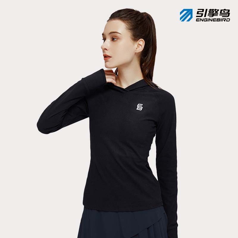 引擎鸟【季末福利】跑步中空纱连帽长袖T恤透气健身户外运动连帽