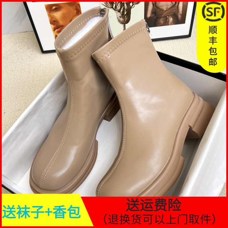 粗跟马丁靴女2023秋冬新款英伦风加绒厚底及踝显高弹力瘦瘦短靴女