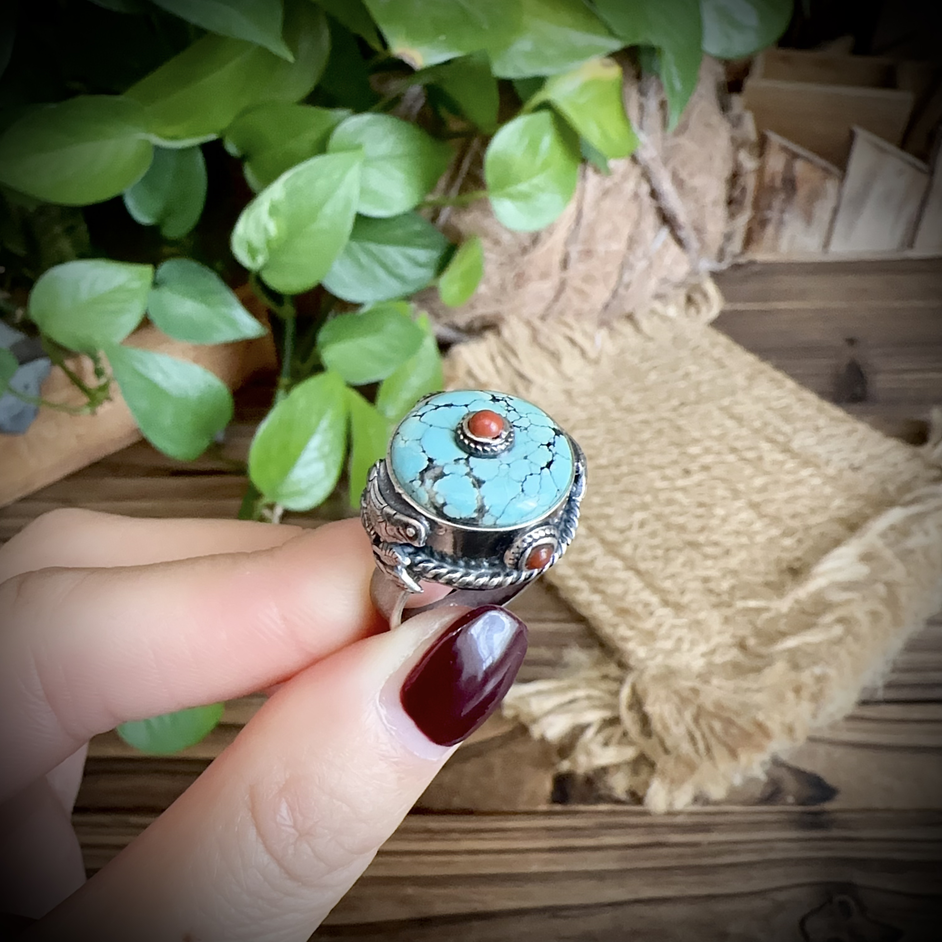 【古香古色】复古s925银绿松石戒指（开口可调节）