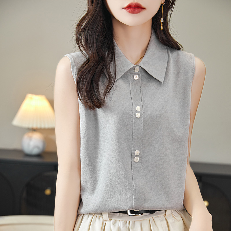 2024新款复古衬衣领针织马甲背心无袖上衣翻领内搭打底衫坎肩