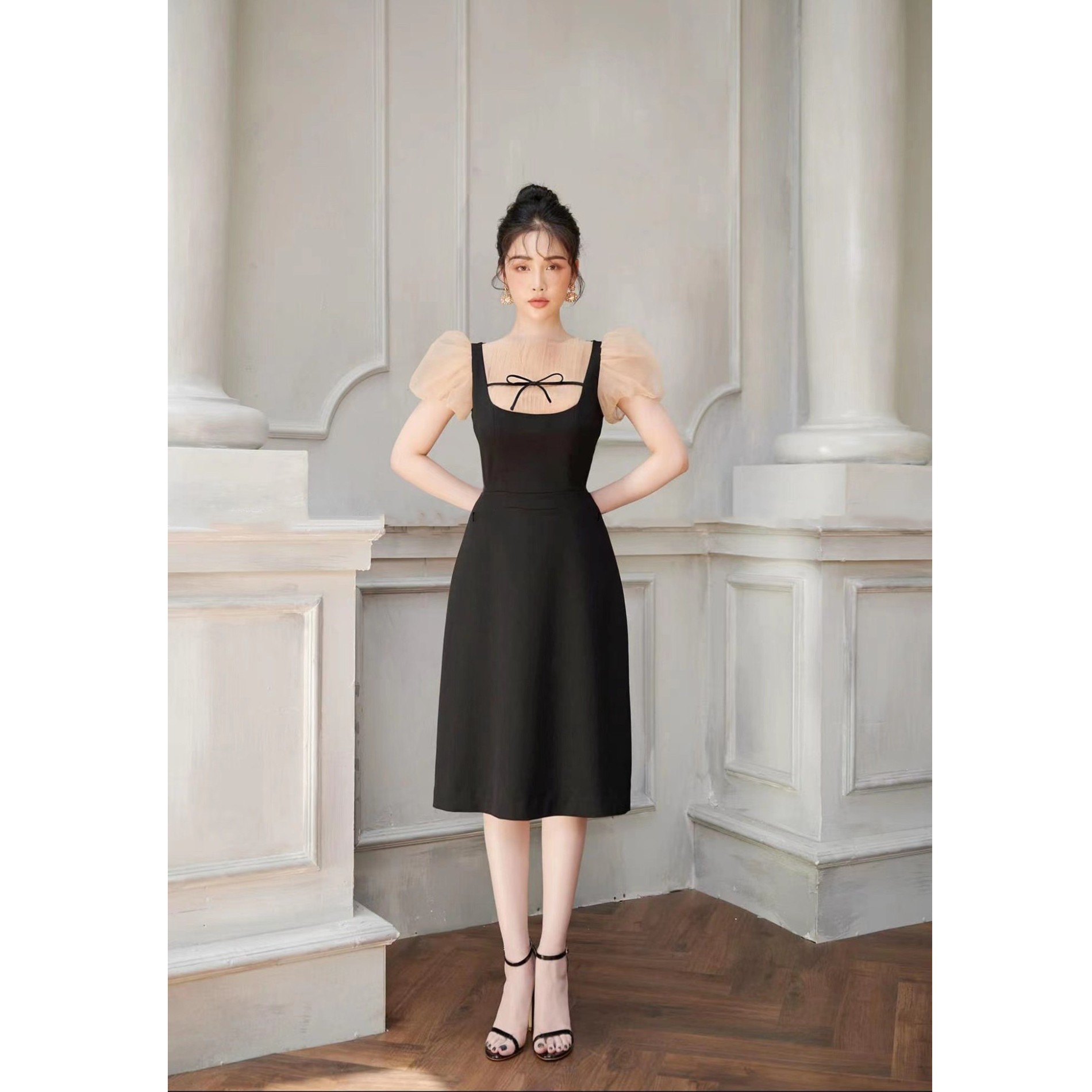 【DÉ MYSTÈRE】小众设计师法式黑色束腰泡泡袖连衣裙GBAO2205079