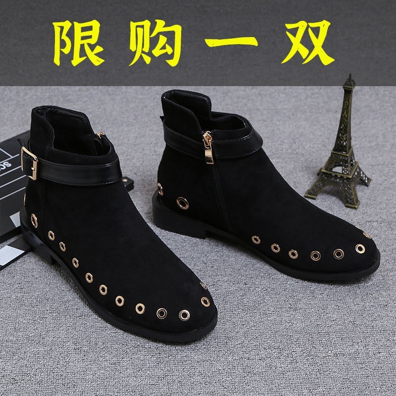 百丽纯爱2023春秋季新款圆头马丁靴低帮短靴黑色铆钉平跟磨砂皮