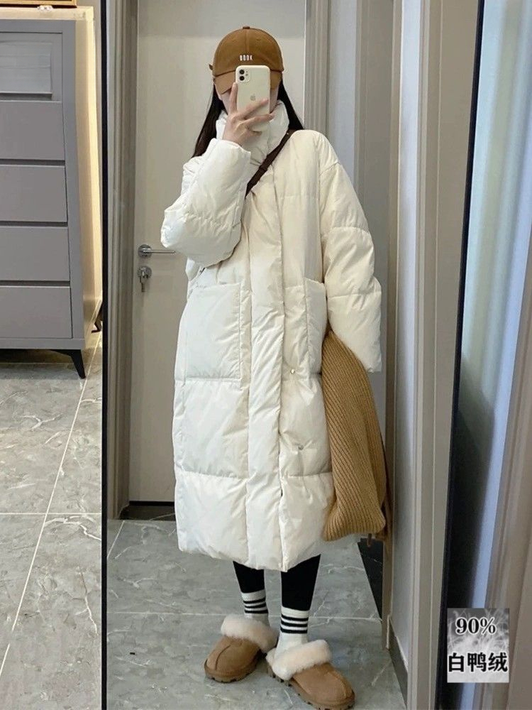 2023年新款中长款羽绒服女韩版宽松加厚立领小个子白鸭绒冬季外套