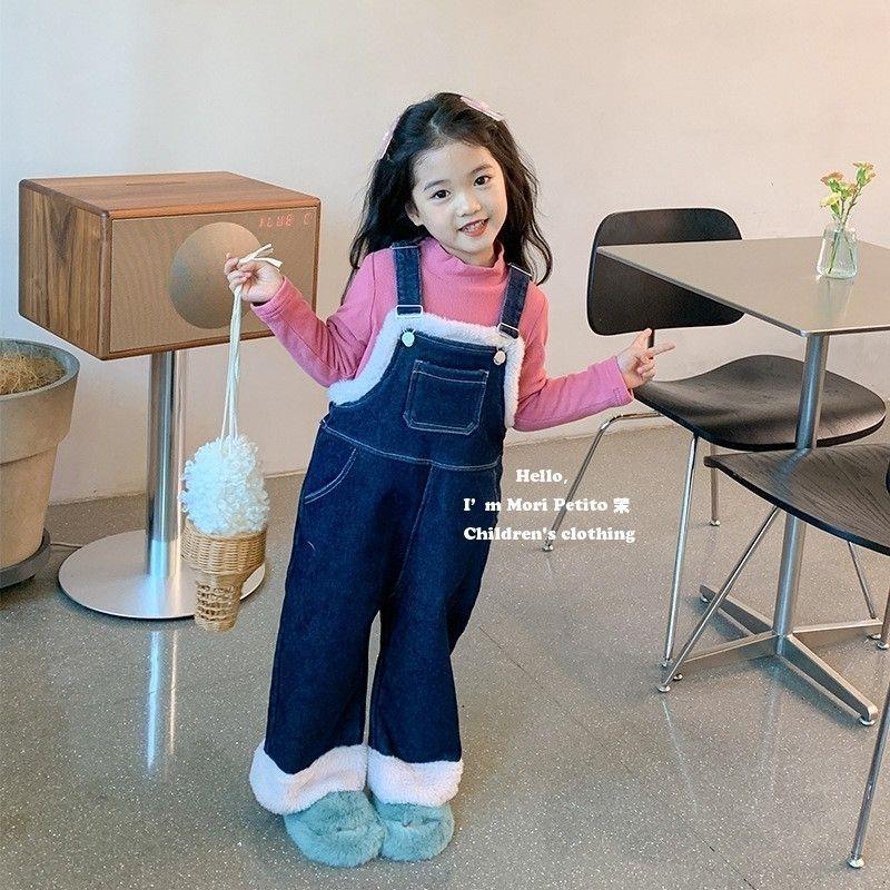 女童羊羔毛牛仔背带裤毛毛边公主风加绒加厚中小童冬装宝宝连体裤