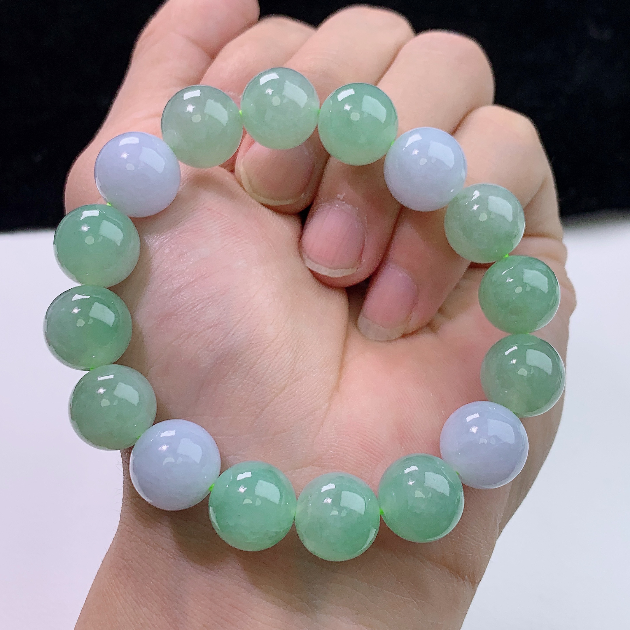 缅甸天然A货翡翠冰润双彩果绿圆珠手串手链玉手串