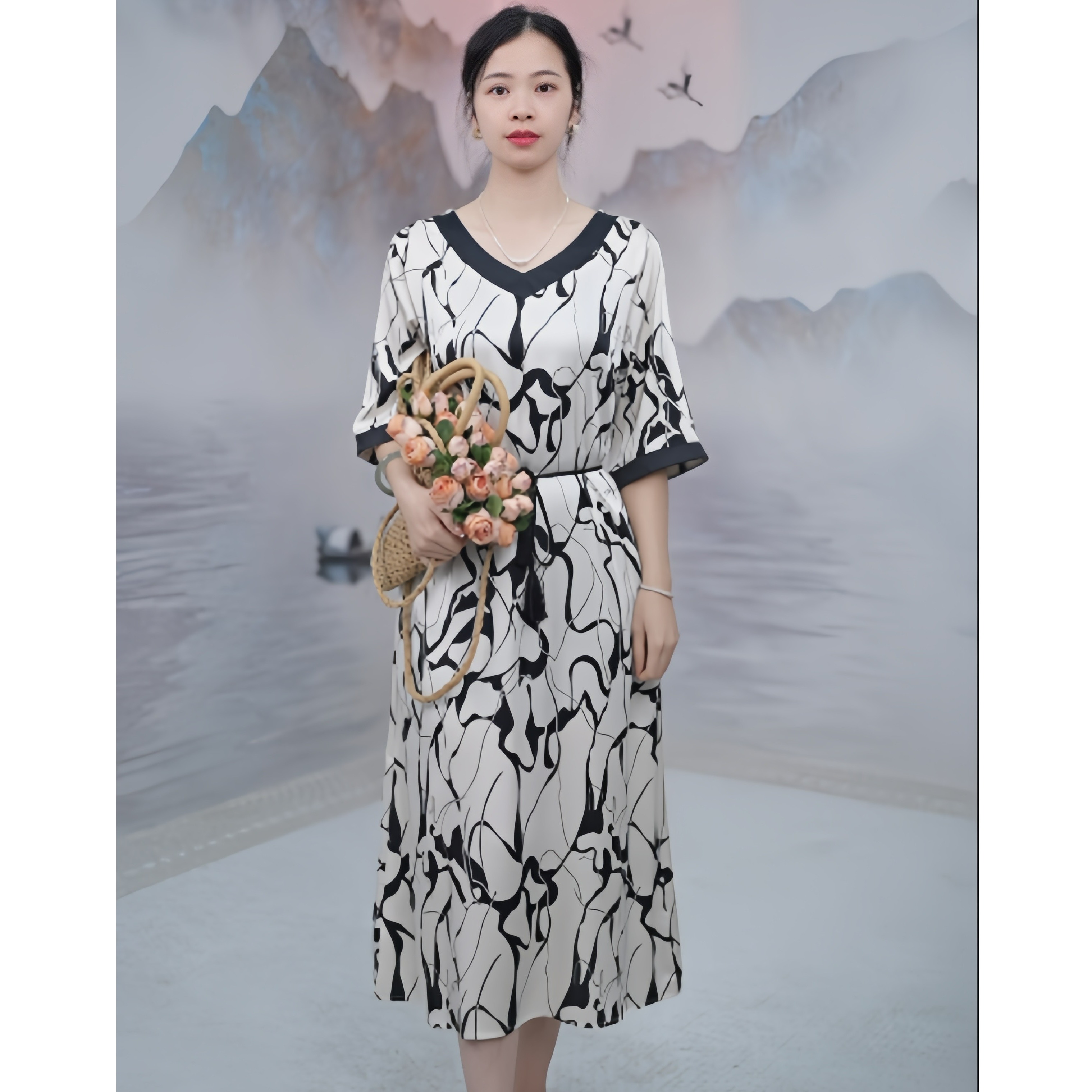 2561 夏季艺术感墨染印花气质显瘦休闲中长款女装连衣裙