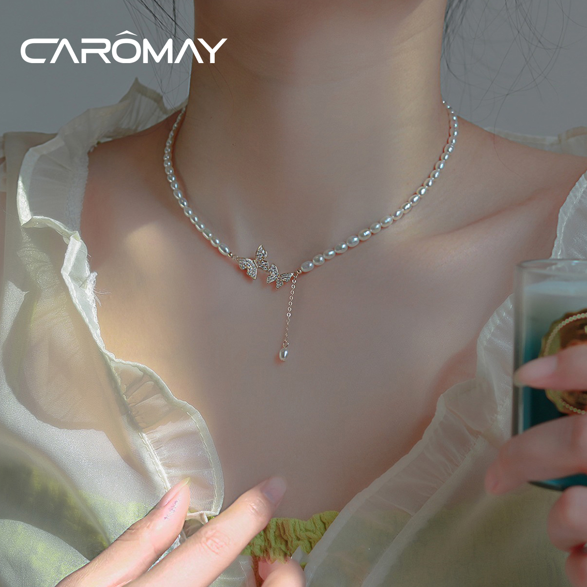 CAROMAY淡水珍珠蝴蝶项链 轻奢法式小众设计 气质百搭锁骨链X7595