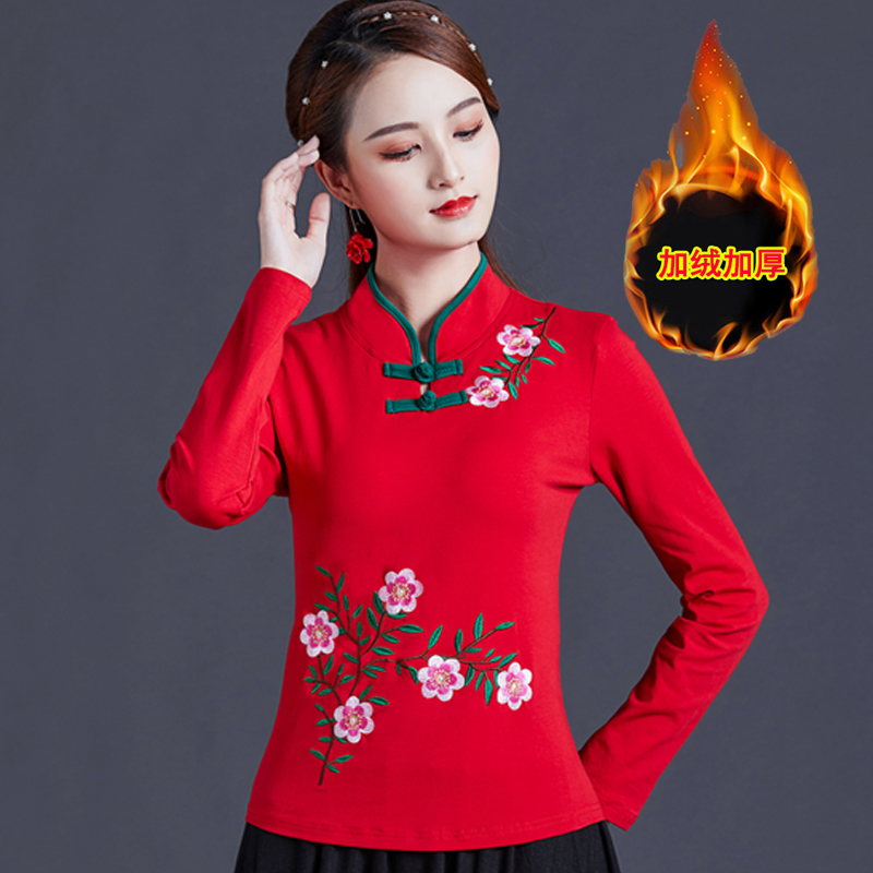 民族风女装复古中国风盘扣上衣绣花刺绣大码立领长袖t恤女打底衫