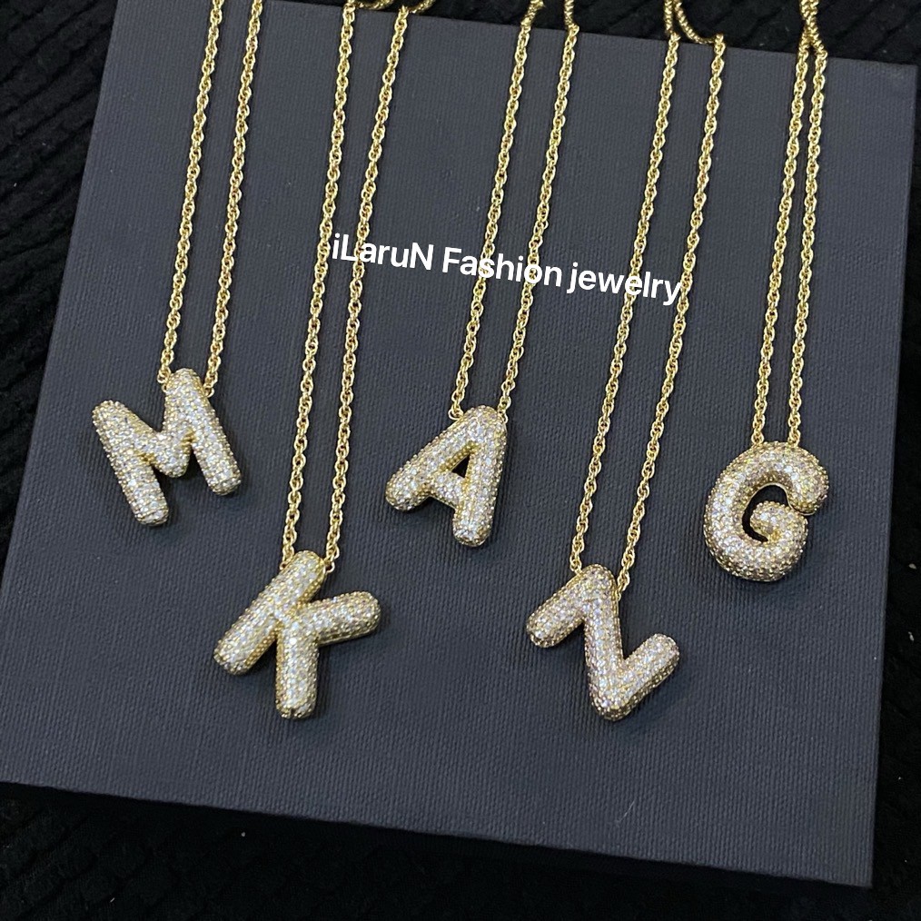 铜合金锆石项链 iLaruN新款绿金色满钻字母项链