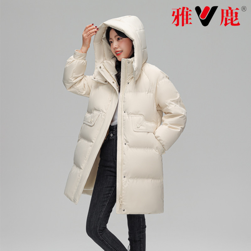 雅鹿女装中长款羽白鸭绒羽绒服爆款时尚保暖新款可脱卸帽