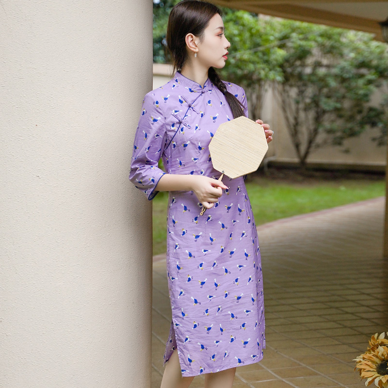 复古文艺新中式国风日常年轻款改良立领棉质印花修身七分袖旗袍裙