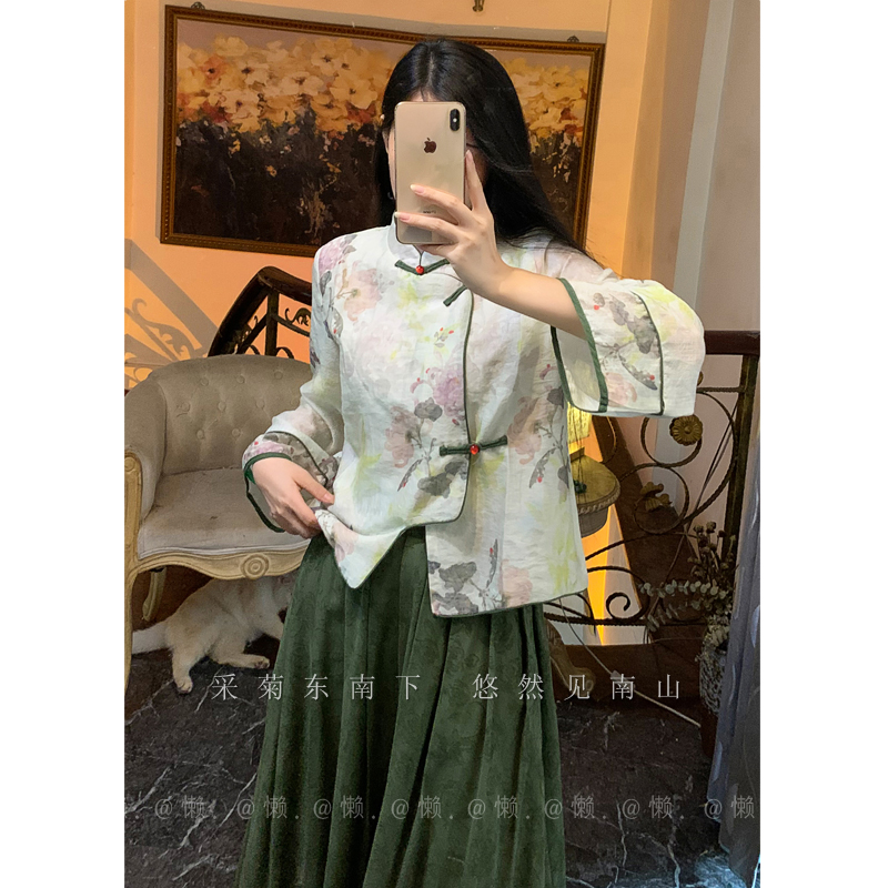 懒·江南「春光与菊」新中式·真莱赛尔纤维琵琶襟提花上衣