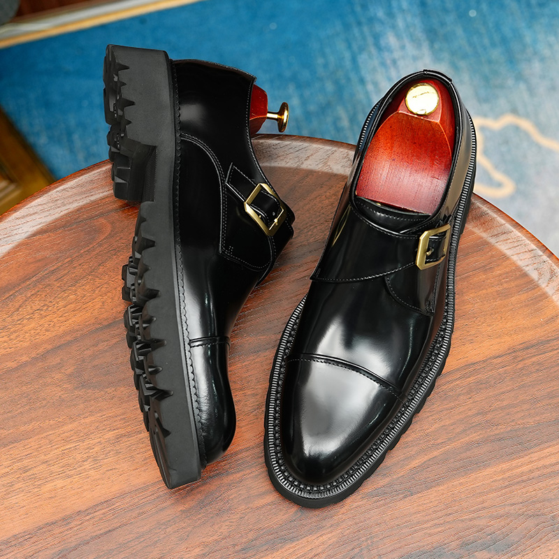 商务休闲皮鞋男2025新款真皮英伦正装亮面厚底增高圆头搭扣孟克鞋