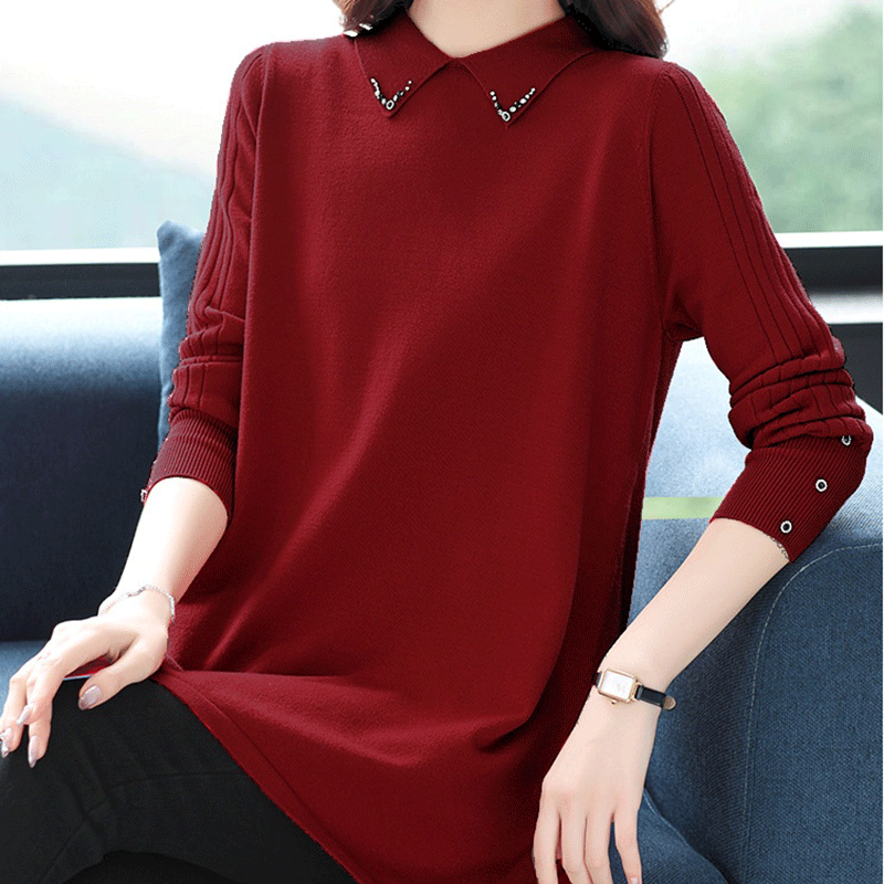 【韩服路】女士大码秋冬季宽松时尚中长款针织毛衣翻领中年长袖内搭