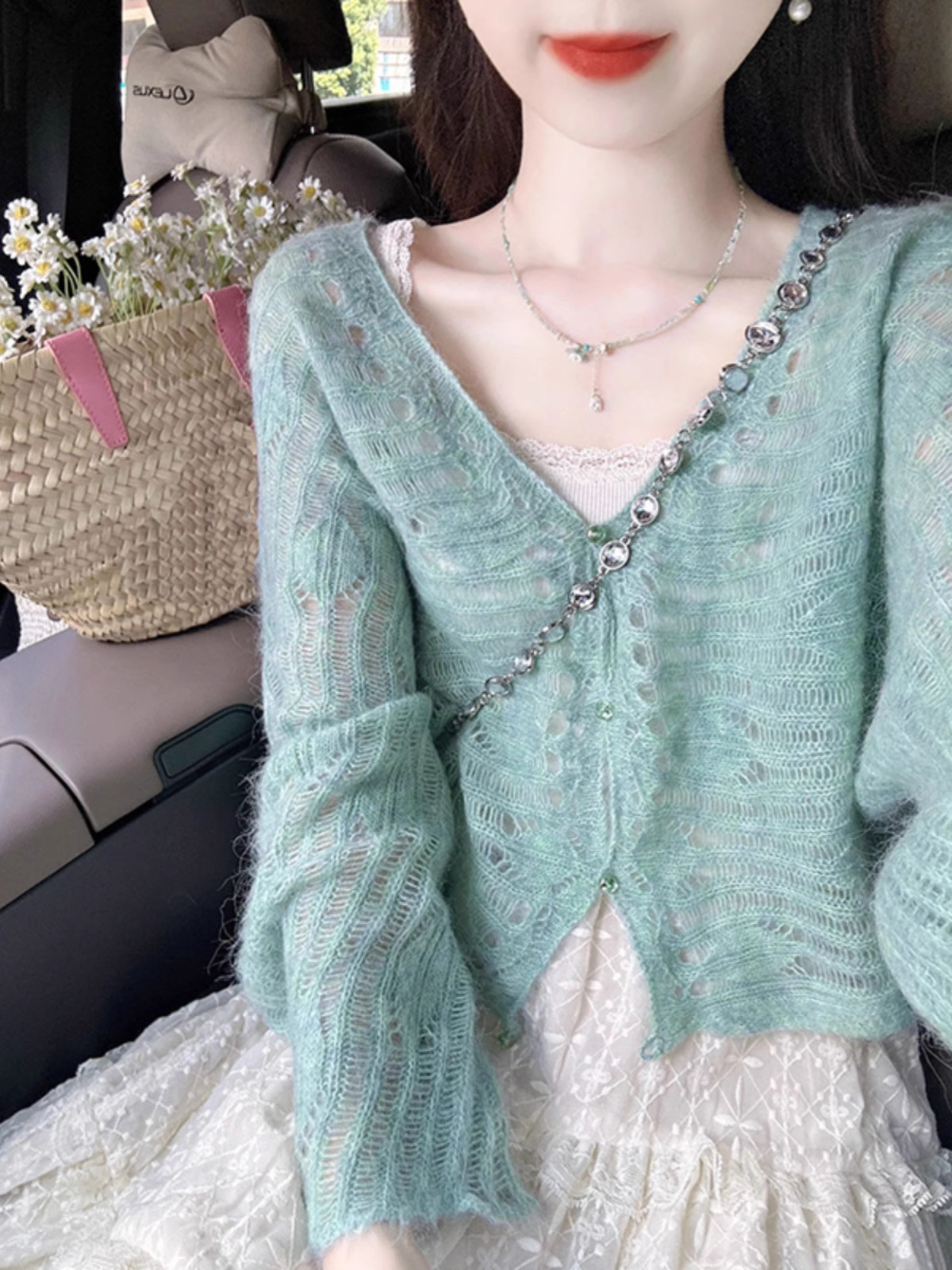 早秋穿搭一整套镂空针织开衫上衣女蕾丝半身裙温柔韩风chic套装女