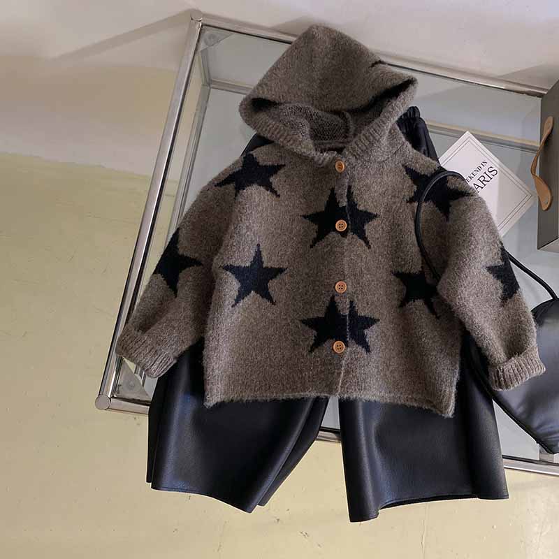 R24517韩版女童星星连帽针织毛衣开衫2024秋冬新款加绒皮裤套装潮