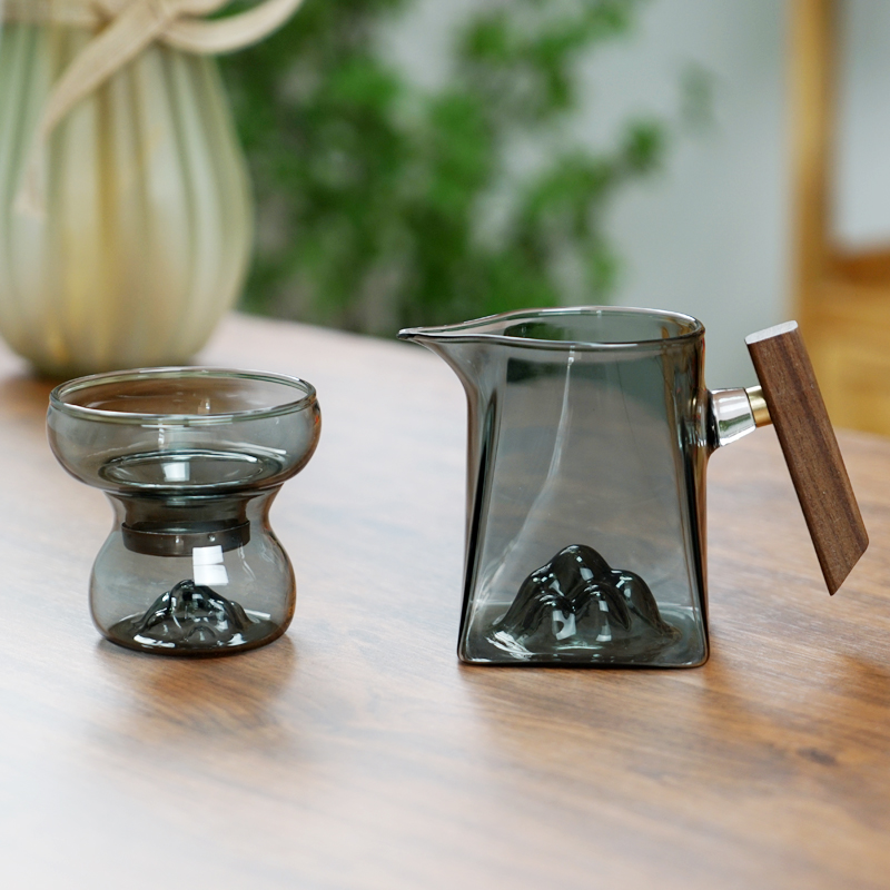 玻璃公道杯公杯耐热茶杯过滤茶具分茶木把家用加厚日式茶具茶道