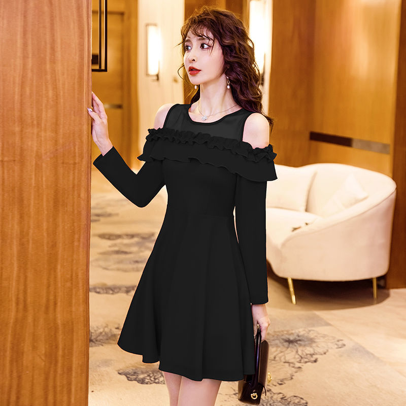 黑色网纱一字肩连衣裙高级感女装秋季新款春冬小个子礼服性感裙子