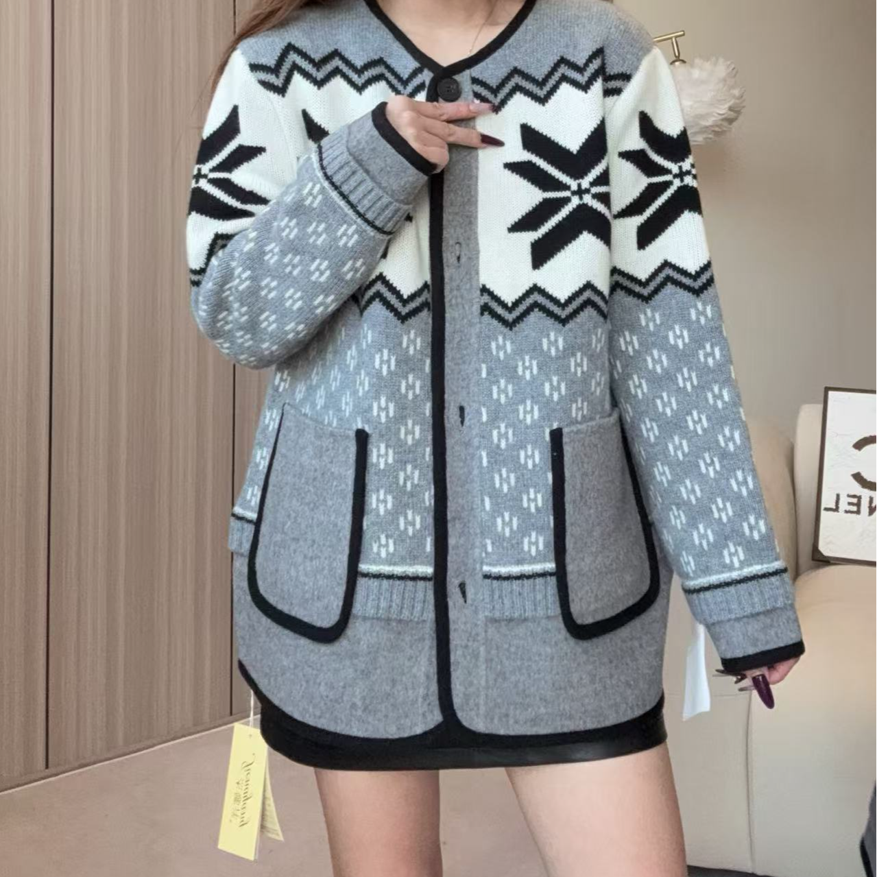 【顶奢羊绒拼接双面尼】241955秋冬厚款费尔岛羊绒开衫双口袋款