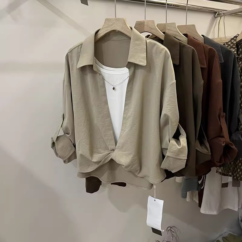 2024新款V领长袖短款衬衫女上衣无袖背心两件套设计感纯色衬衣