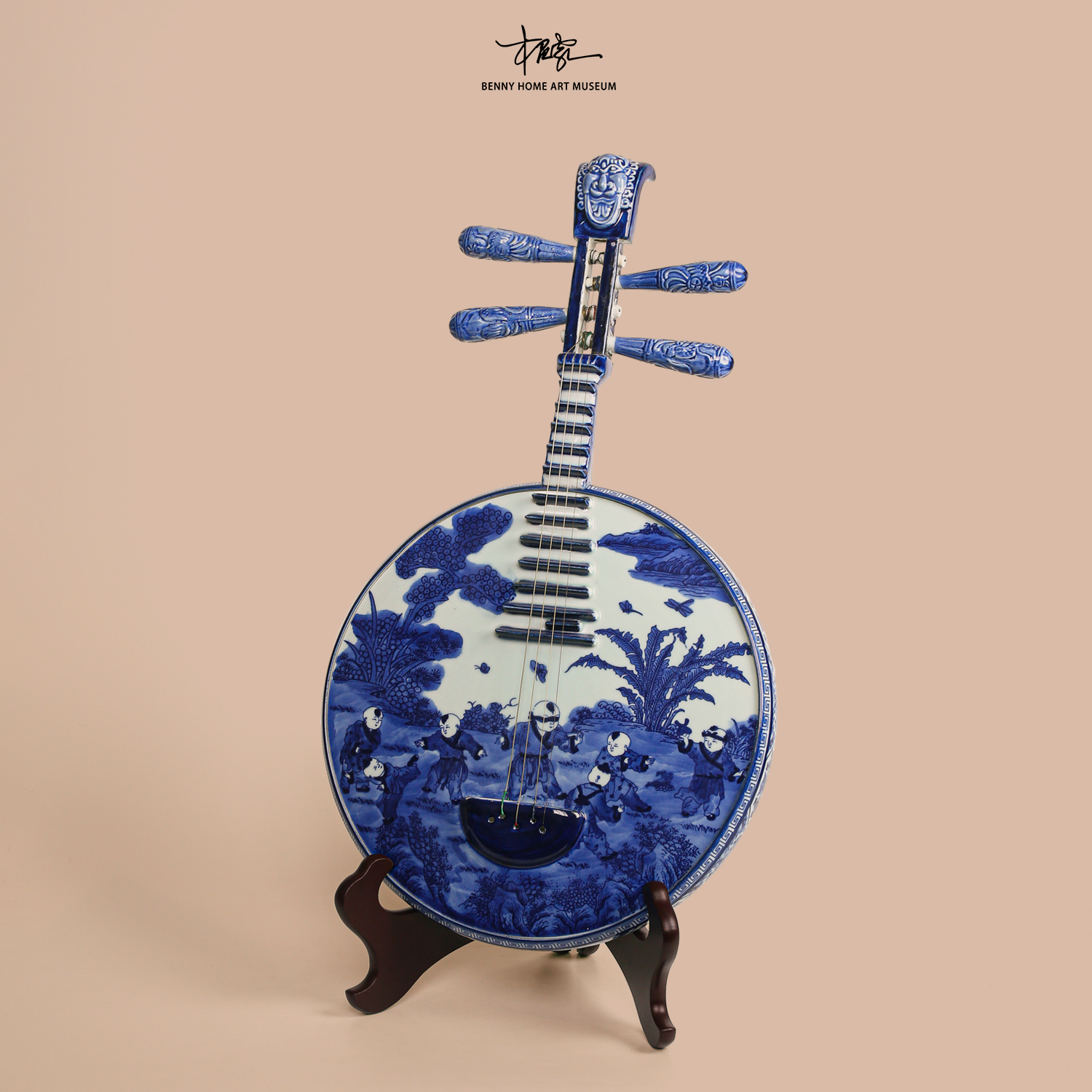 【本尼家】非遗好物青花陶瓷中阮乐器《婴戏图》中式艺术装饰玄关摆件