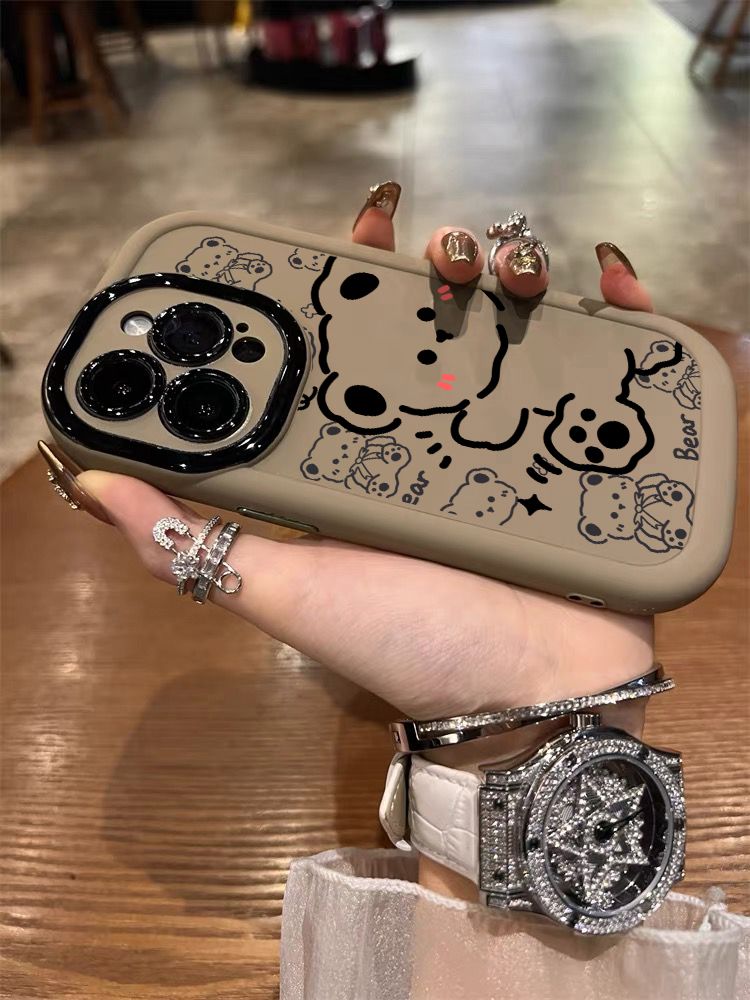 卡通线条小熊苹果15手机壳iPhone14软13promax全包11防摔12液态壳