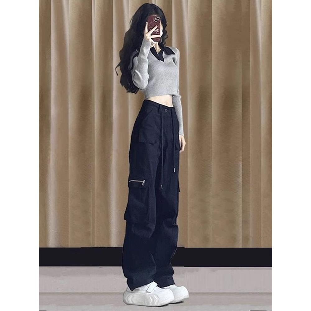 藏青色工装裤女2024秋冬新款高腰显瘦直筒裤小个子拖地垂感阔腿裤