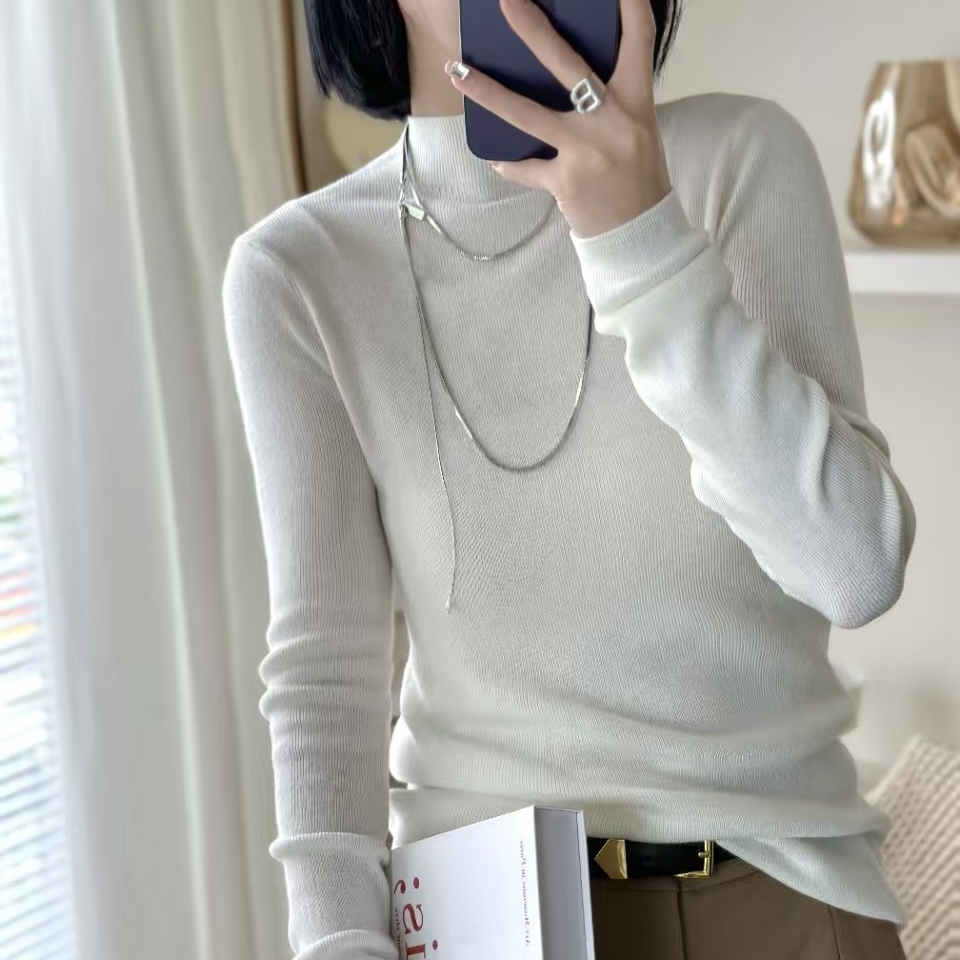 春秋超细美丽诺羊毛半高领时尚针织羊毛衫修身长袖打底衫女上衣