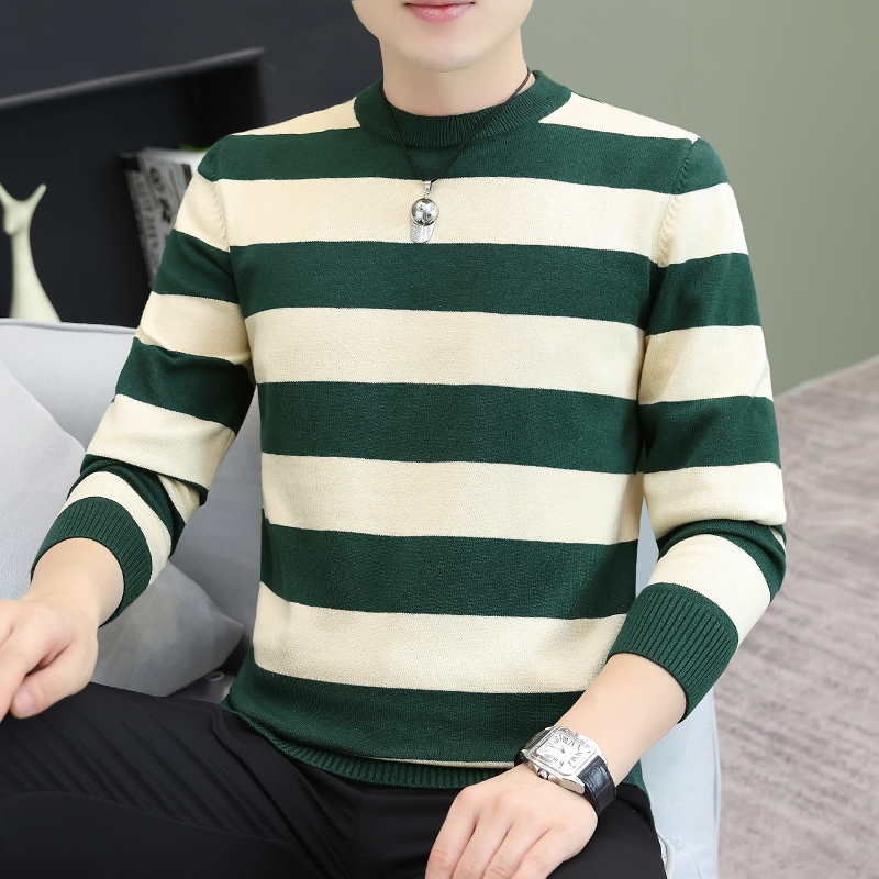 秋冬新款圆领针织毛衣男潮流时尚条纹打底毛衣男休闲百搭保暖上衣