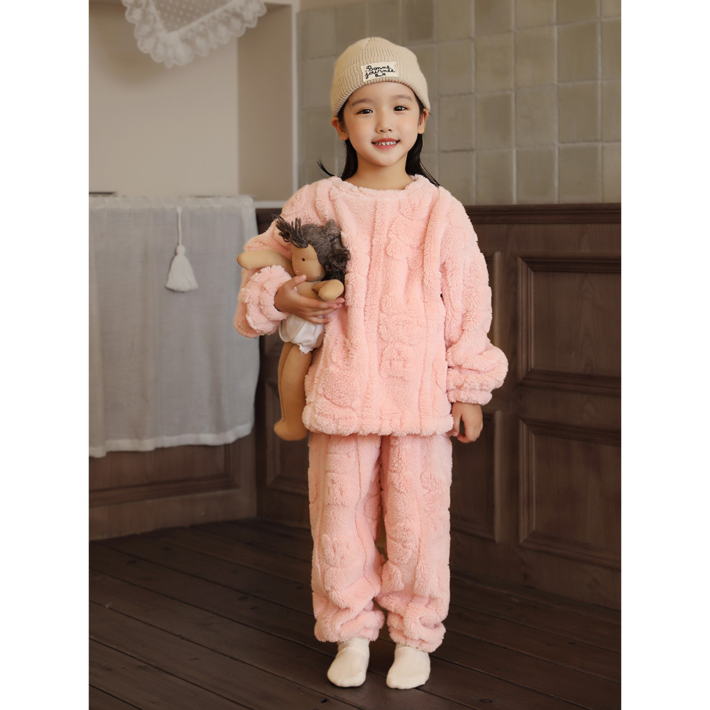 儿童家居服套装加绒秋冬款保暖 女童加厚睡衣男宝宝加绒衣服童装D