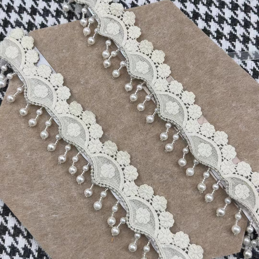 初雨纺织窗帘辅料毛球花边新款绣花边复合珍珠吊坠复合双层木耳边