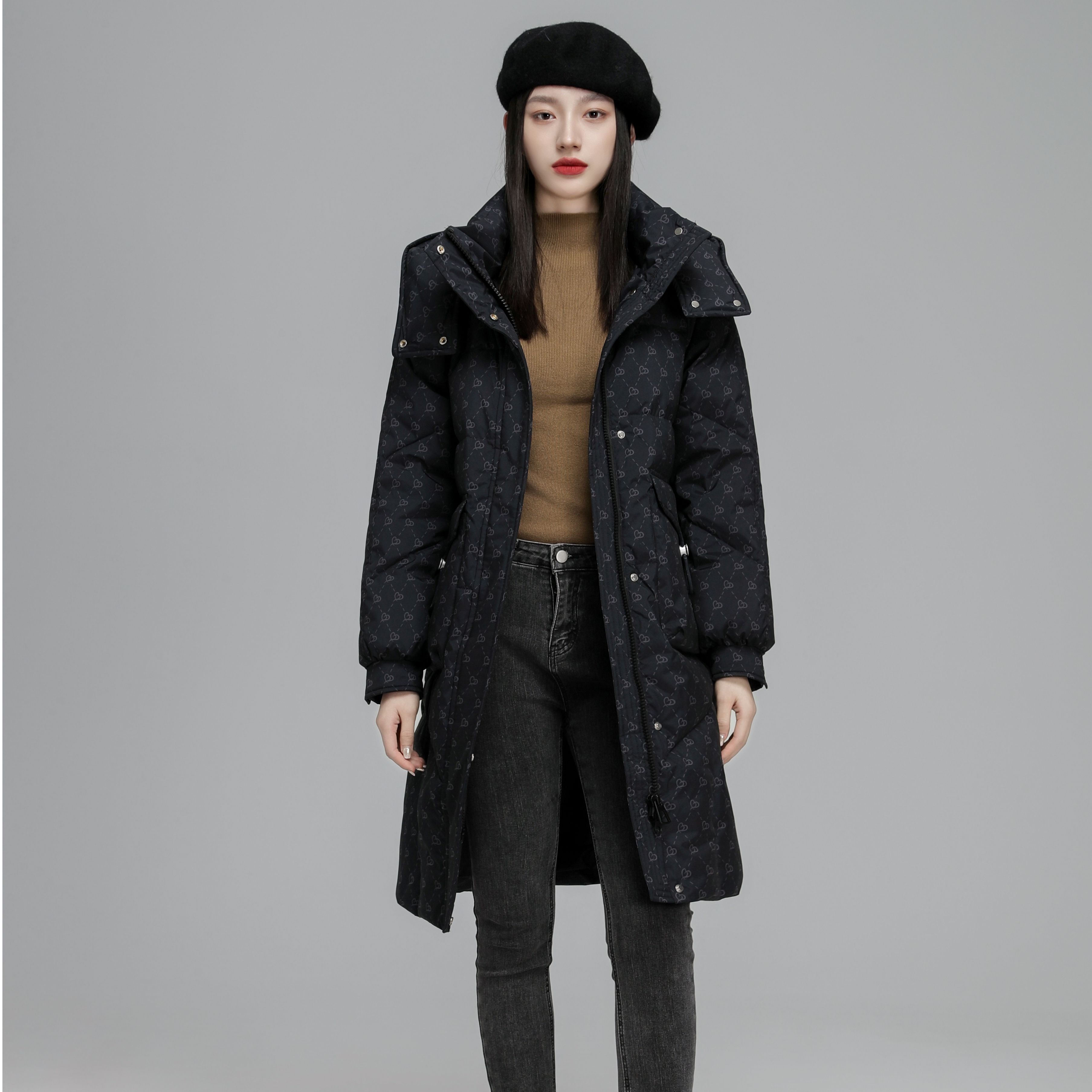 V/雅鹿羽绒服女中长款2023年秋季新款连帽时尚百搭韩版修身外套