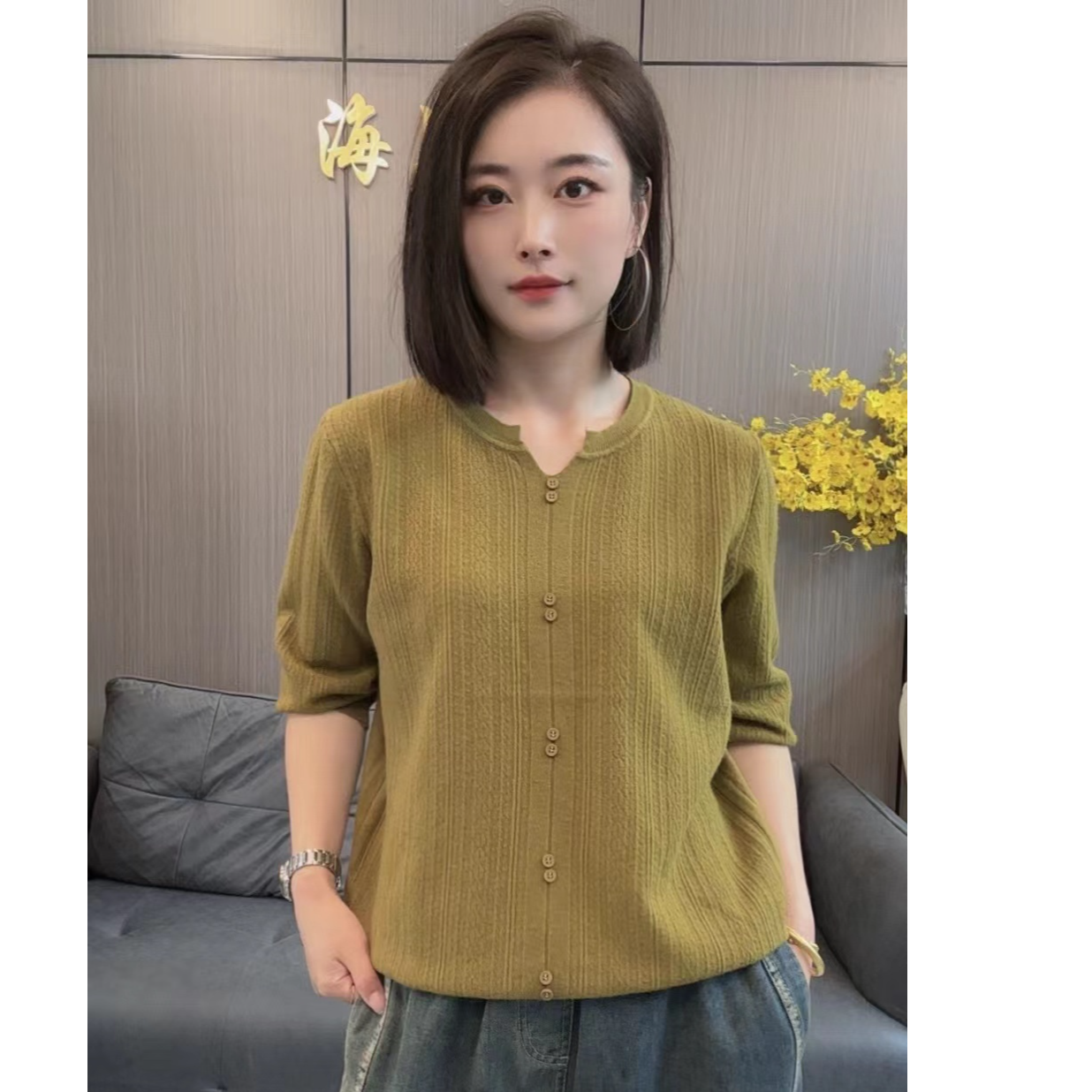 【海片】6911女士秋款中袖纯色毛衣针织衫圆领宽松省心穿搭