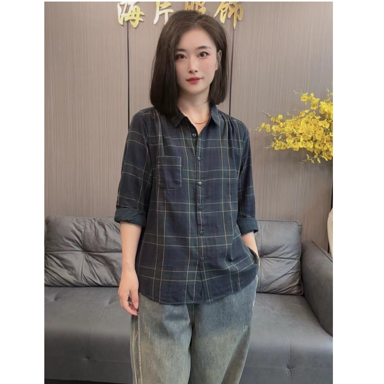 【海片】85136女士秋款格子条纹衬衫复古休闲时尚格纹宽松韩版长袖