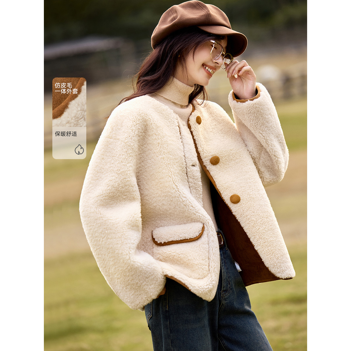 沫晗依美仿皮毛一体外套2025冬季新款撞色拼接设计感圆领外套女