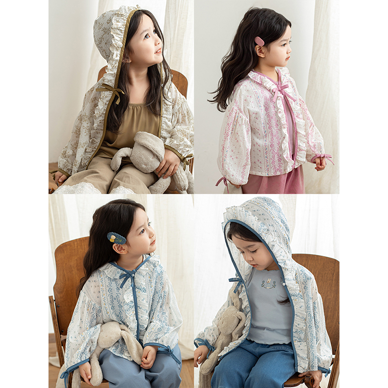 幼悠夏二波儿童洋气百搭上衣女童时尚长袖碎花连帽防晒衣 LX0097