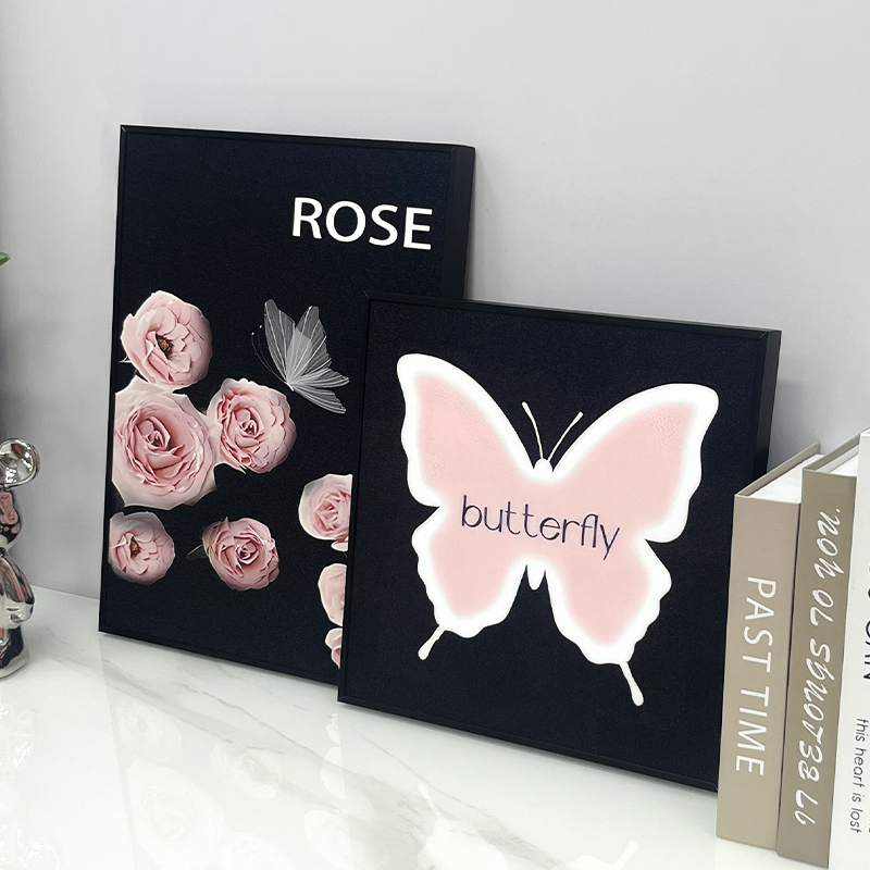 铝合金简约高级黑色蝴蝶家居装饰挂画客厅卧室ins风温馨粉色玫瑰