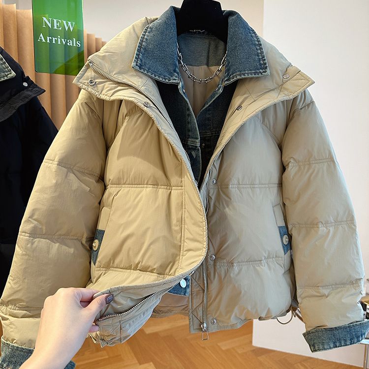 2023新款羽绒服牛仔拼接新款小个子欧货羽绒服假两件面包服短款加
