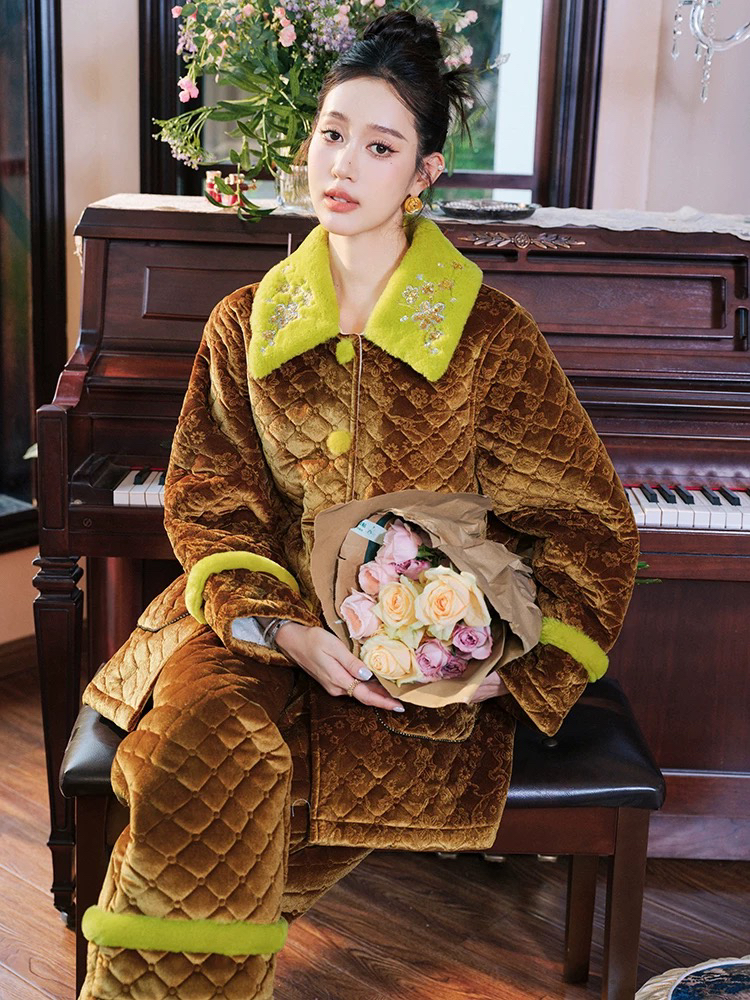 原创亮片绣花撞色三层夹棉加厚加绒家居服睡衣珊瑚绒两件套装冬新