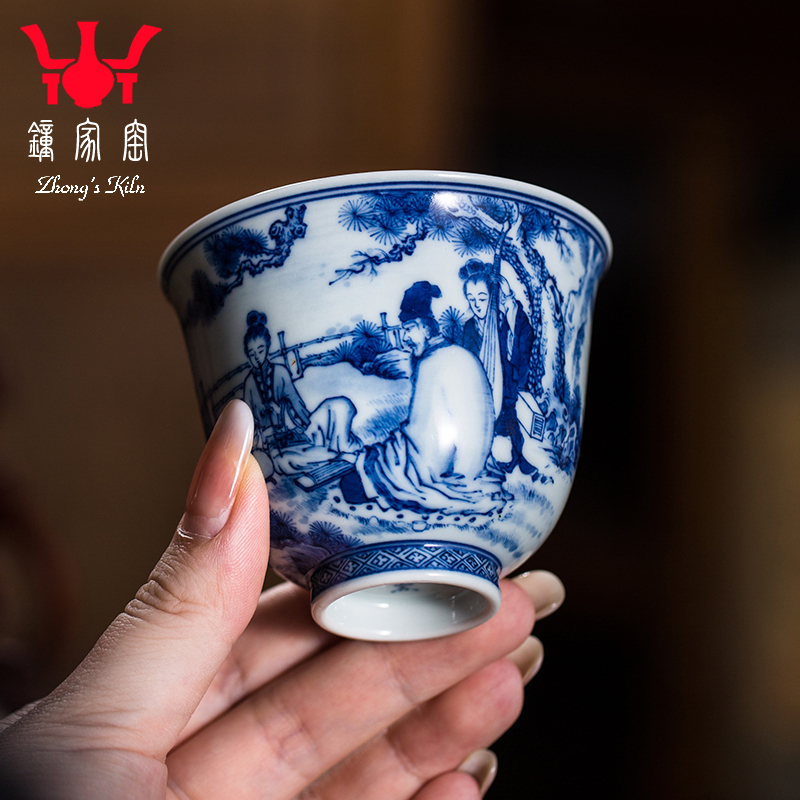 钟家窑个人专用茶杯 景德镇柴窑手绘青花人物东山丝竹主人杯单杯