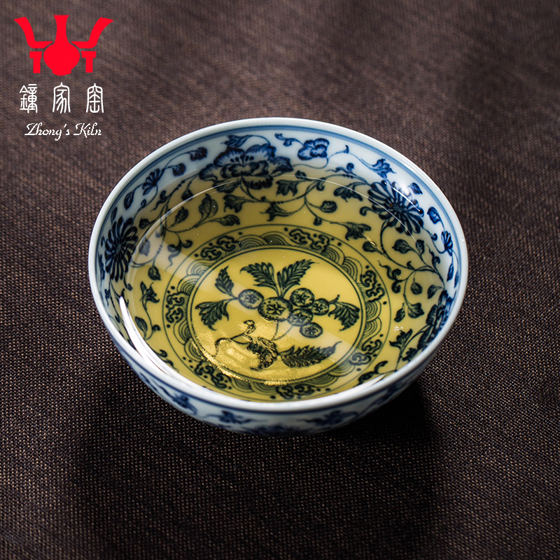 钟家窑陶瓷主人杯 柴窑青花仿元缠枝花卉普洱杯手工个人专用茶杯