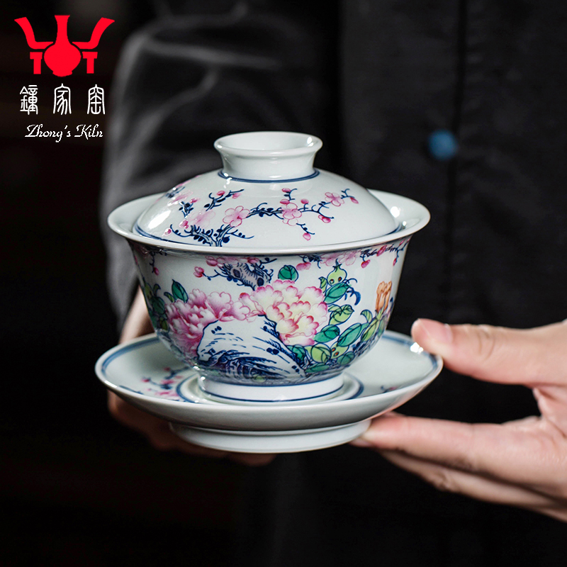钟家窑陶瓷盖碗茶杯景德镇柴窑青花斗彩手绘牡丹花单个高端泡茶碗
