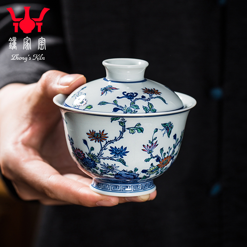 钟家窑陶瓷盖碗 景德镇柴窑青花斗彩手绘三秋功夫茶泡茶碗泡茶器