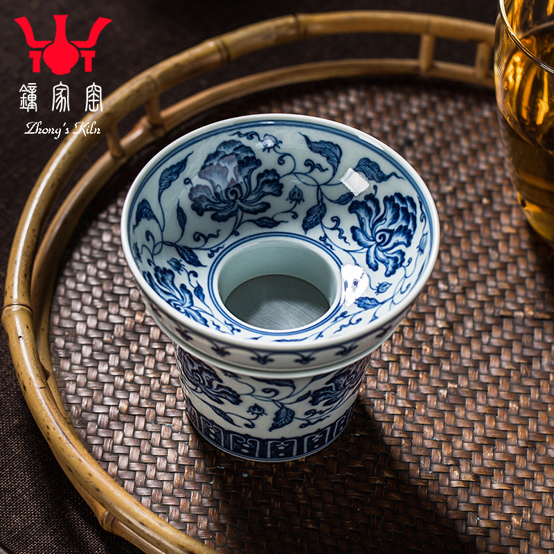 钟家窑茶漏套装茶叶过滤茶道配件景德镇手工柴窑青花拓水牡丹茶滤